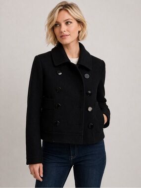 LOFT • Black Double-Breasted Cropped Pea Coat • Size Small